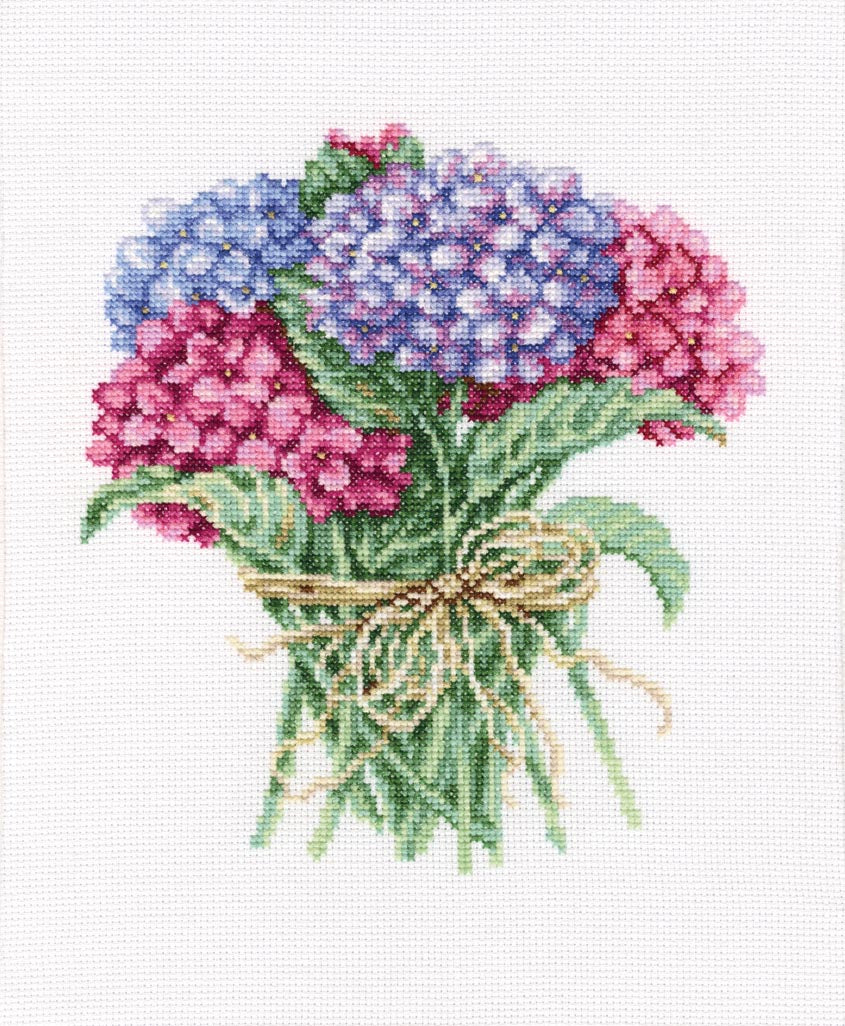 A beautifully crafted Hydrangea bouquet Counted Cross Stitch Kit featuring vibrant DMC threads and Aida canvas.